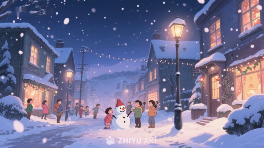 雪夜小镇，孩童堆雪人 408