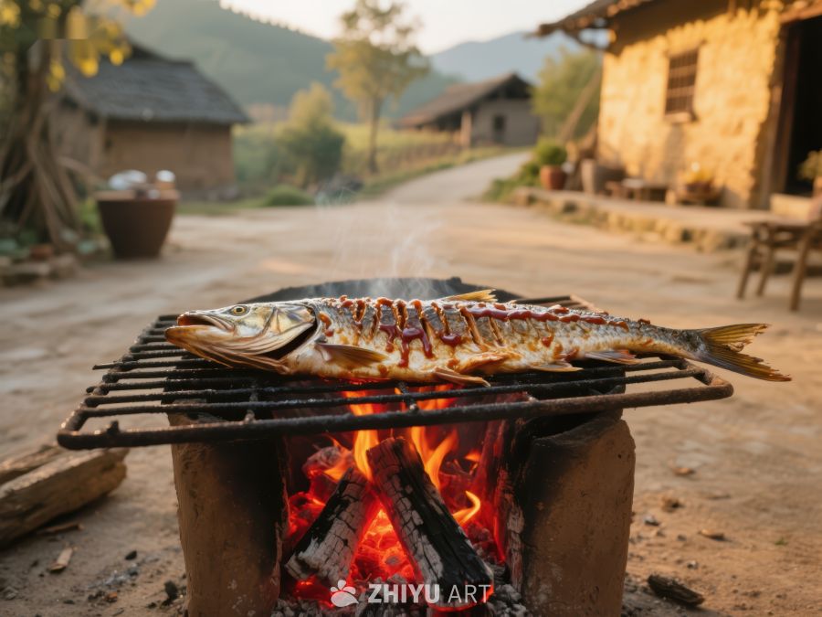 户外烧烤：鱼在火焰上烤制 343