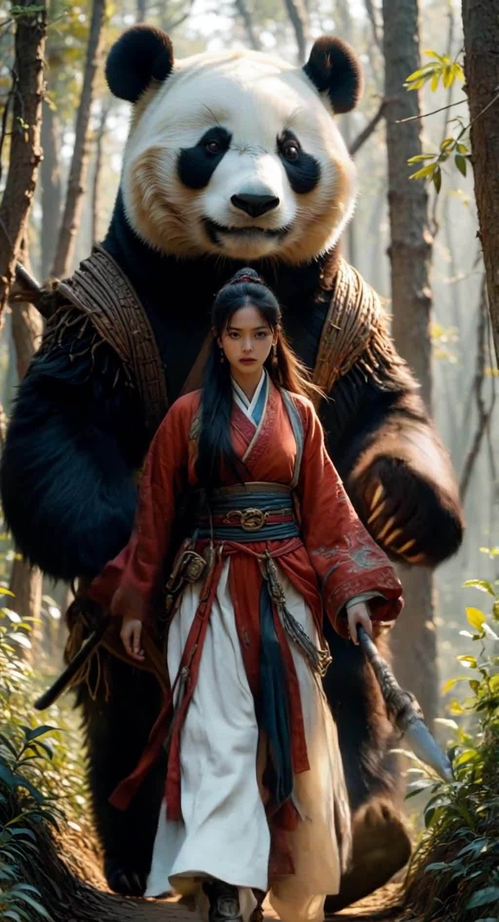 红衣女武士与巨熊猫漫步森林