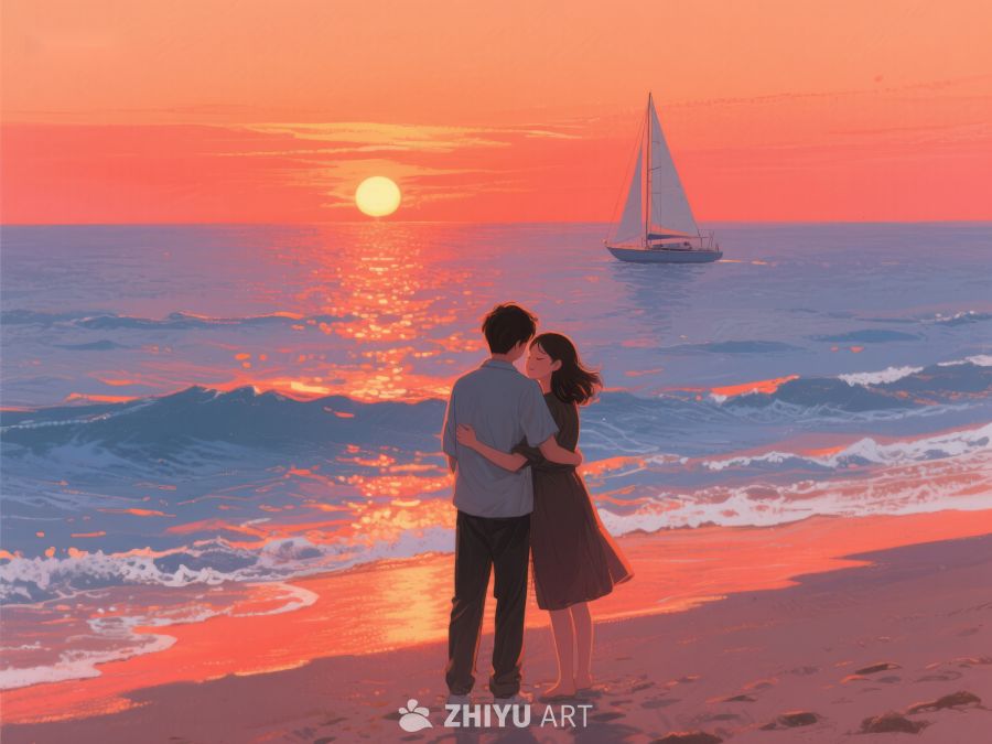 海滩日落情侣相拥 269