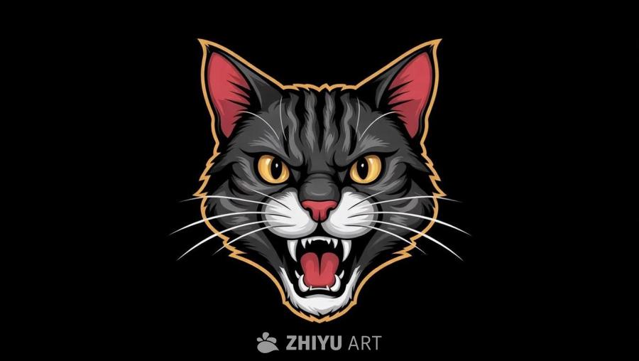 一只猫科动物的头部，作为标志设计。这只猫呈灰色和黑