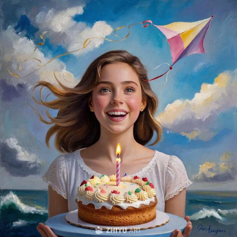 一个女孩拿着一个生日蛋糕，蛋糕上插着一根点燃的蜡烛