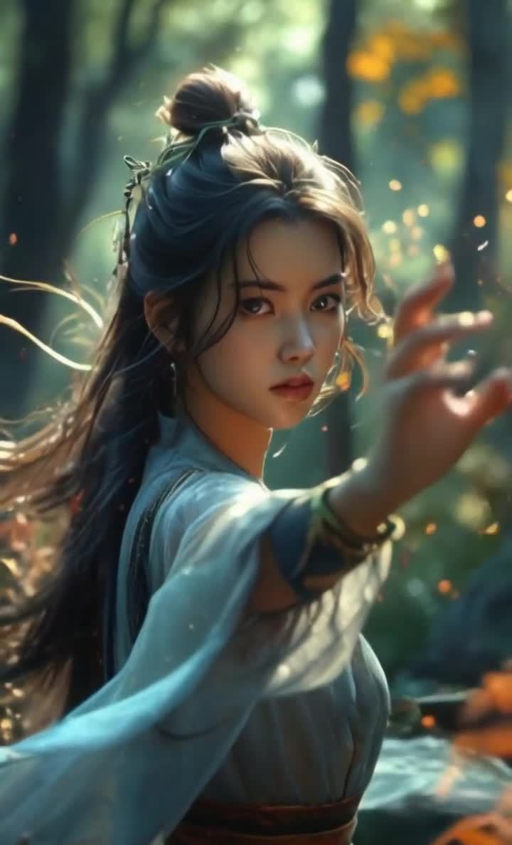 林中着和服的东方女子，手势施法，梦幻光点。