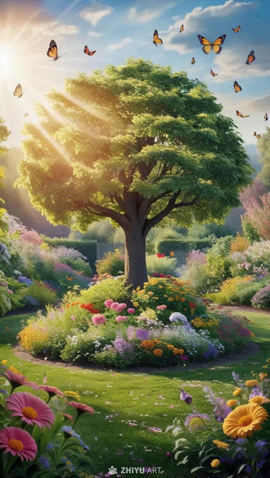 花园中央有一棵大树，树周围盛开着各色鲜艳的花朵。空