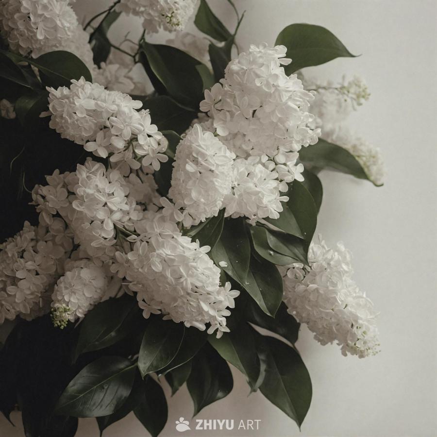 一束白色花朵，可能是丁香花，被放置在花瓶里。这些花