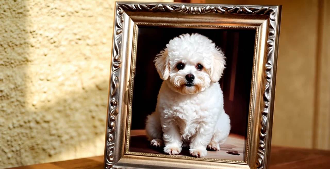 相框中的白色比熊犬照片，黄昏光线