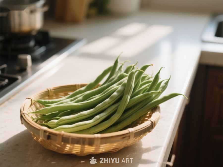 厨房台面上的绿色豆角 92