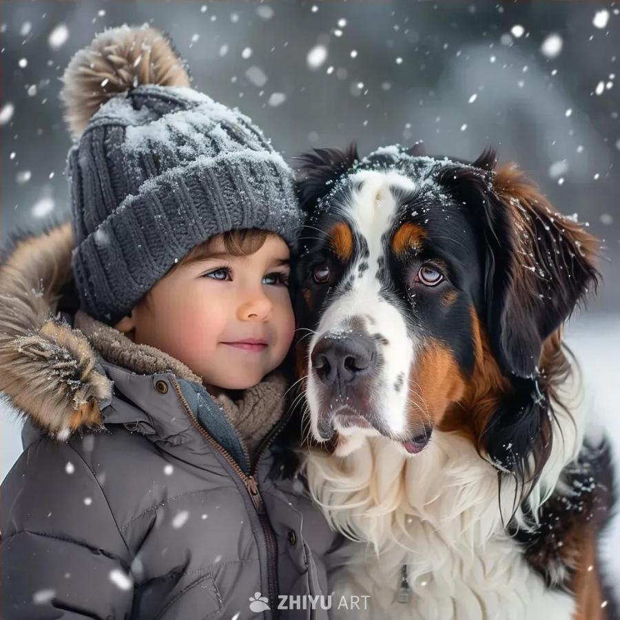 雪景中，一个戴着毛皮帽的孩子拥抱着一只黑白色的圣伯
