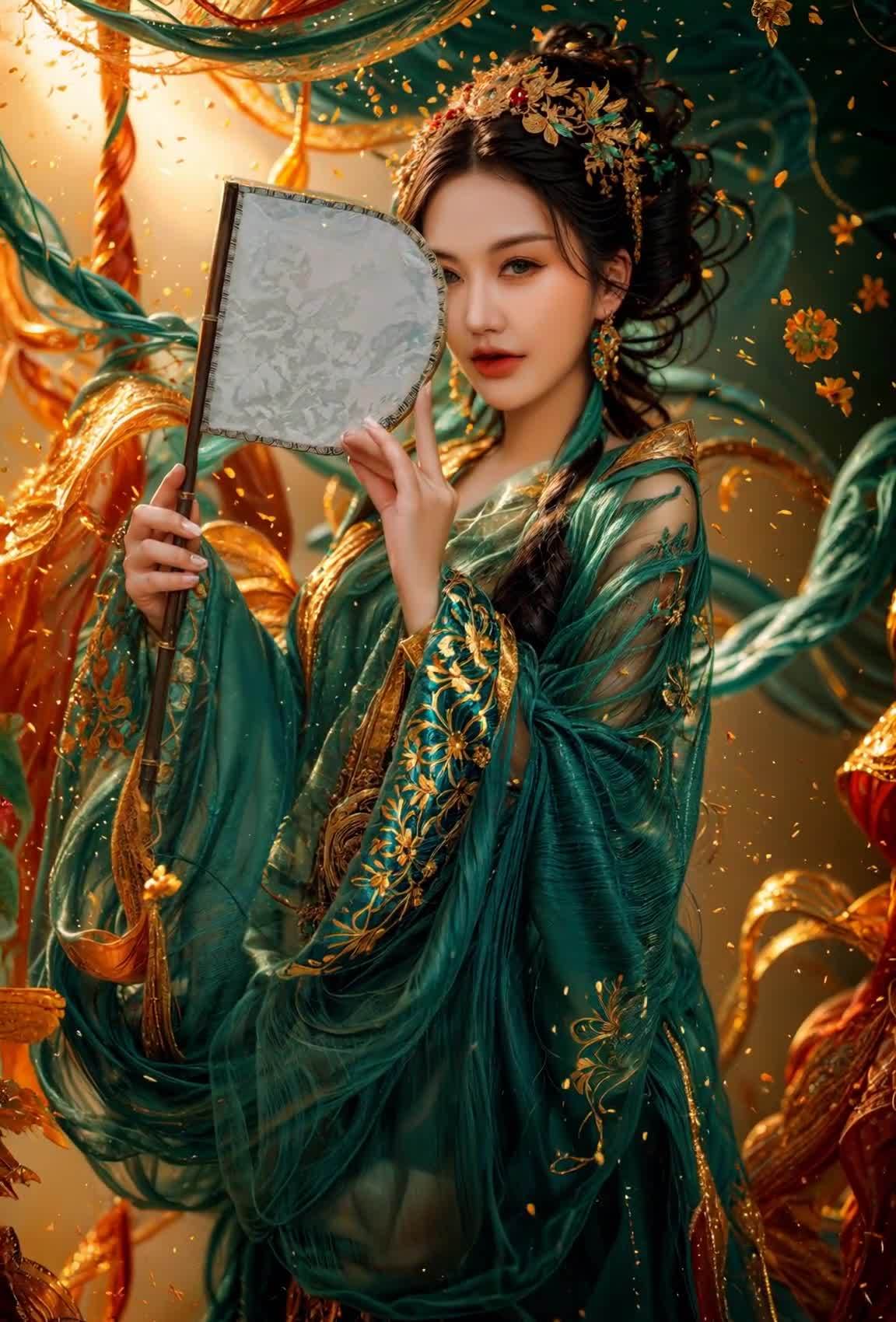 一位身着绿色华服的女子，手持扇子，缓缓看向镜头。女