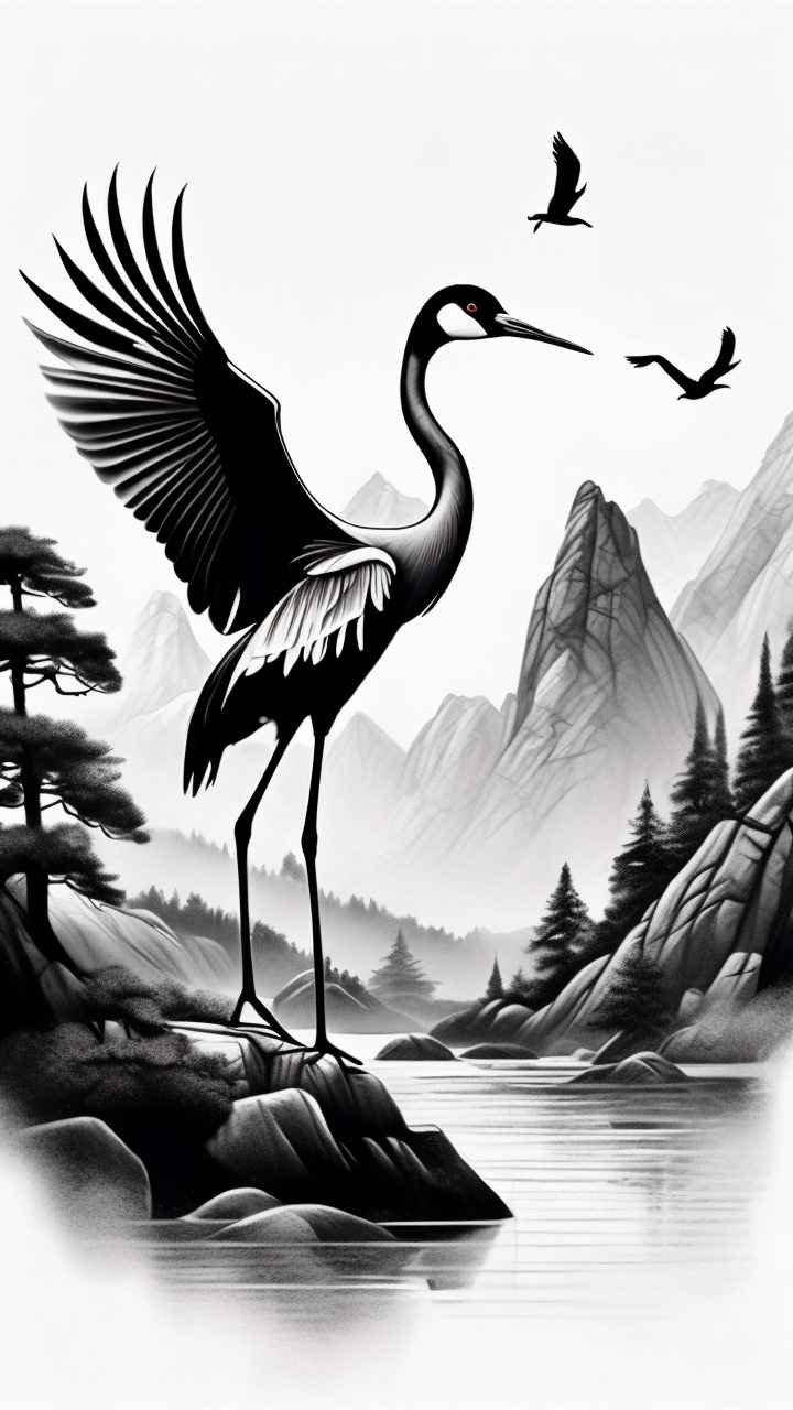 国风山水鹤插画背景 28