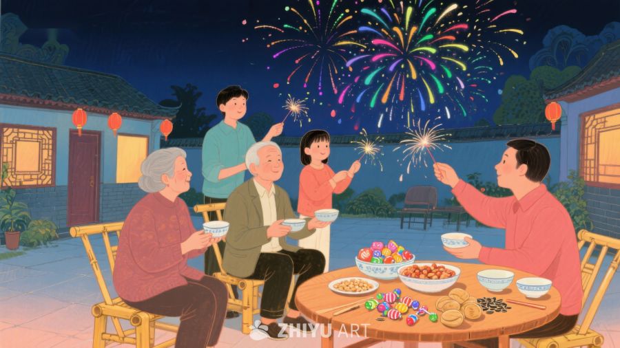 家人围桌共庆，夜空烟花绽放 433