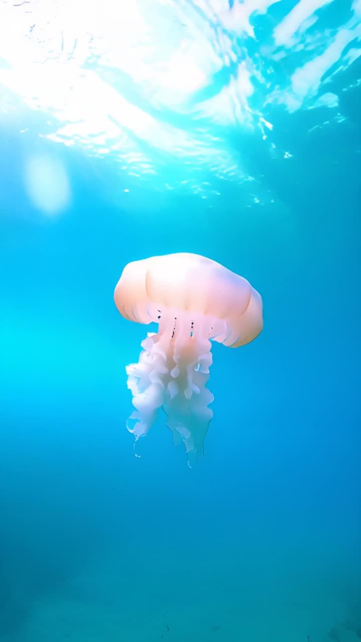 一只粉色的水母在清澈的水中漂浮，阳光从水面照射下来