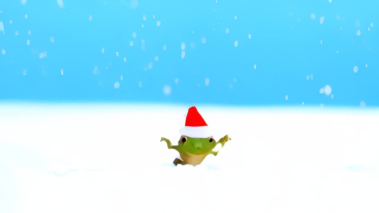 一只戴着红色圣诞帽的青蛙在雪地里移动。雪花从空中缓