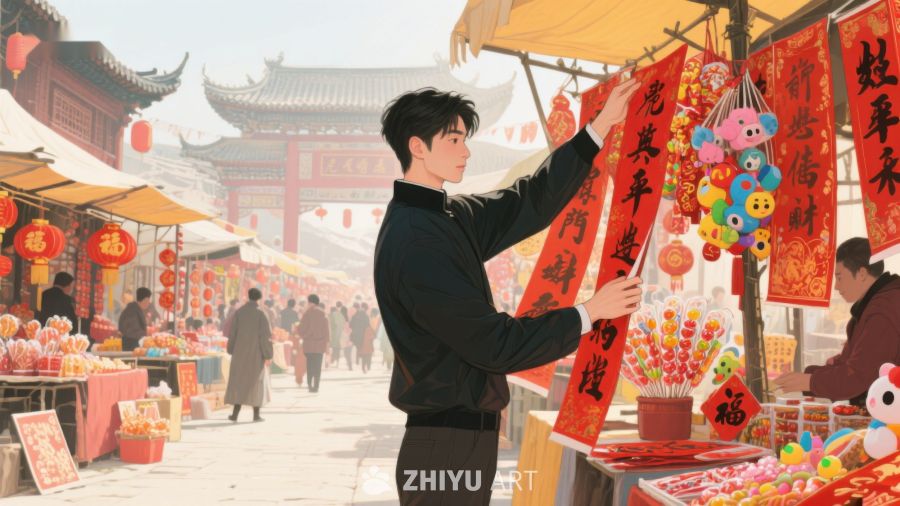 街头青年张贴春联，喜迎新春 597