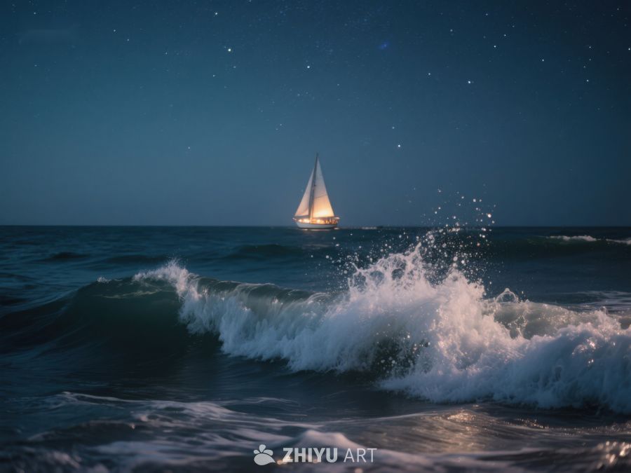 夜幕下的帆船与海浪 426