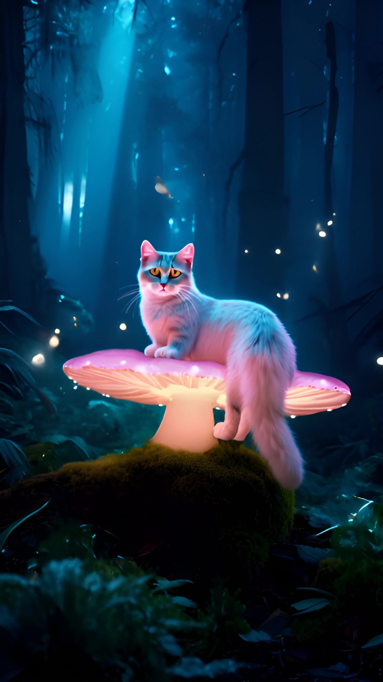 一只猫优雅地栖息在一个发光的蘑菇上。猫的毛皮略带珠