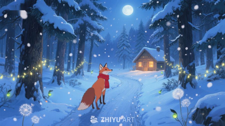 冬夜森林中的小屋与狐狸 67