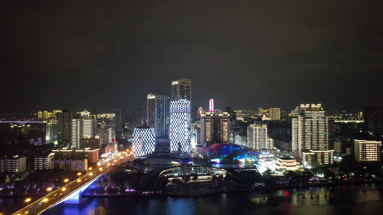 广西柳州市中心夜景灯光航拍 