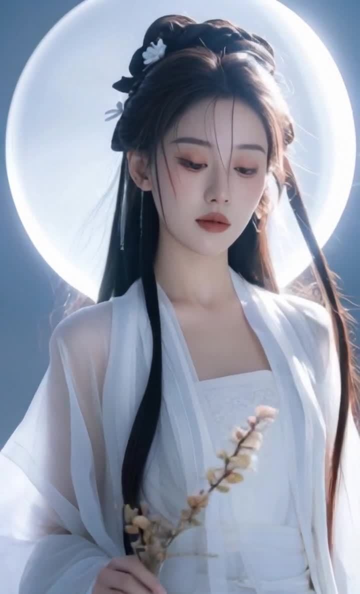 古典韵味女子，白衣持花，背后光晕唯美写真。