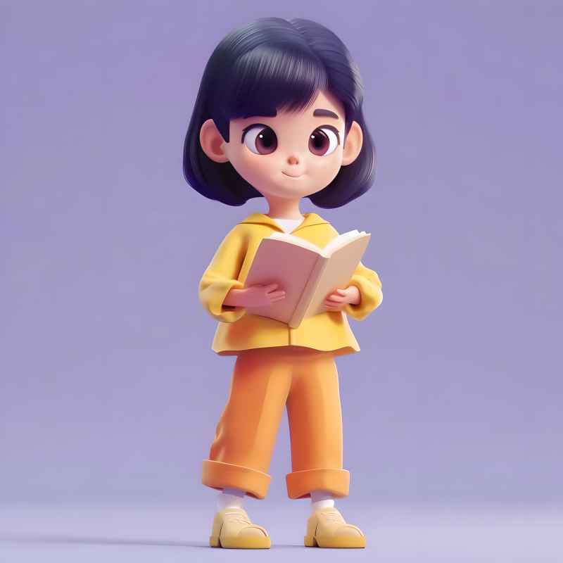 女孩手拿着一本书，穿着黄色夹克和橙色裤子 6