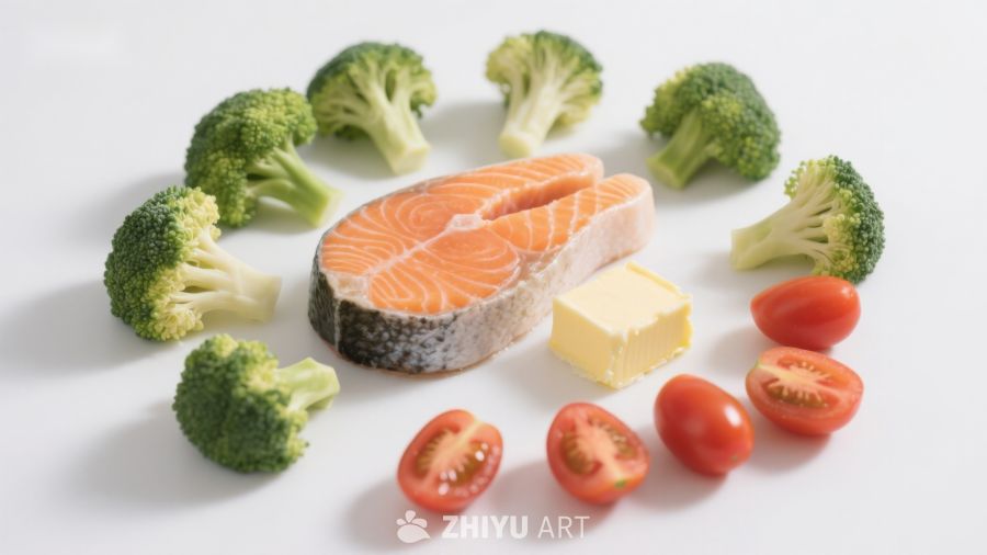 三文鱼与蔬菜食材摆拍
