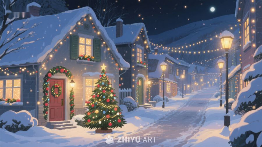 雪夜小镇的圣诞装饰 462