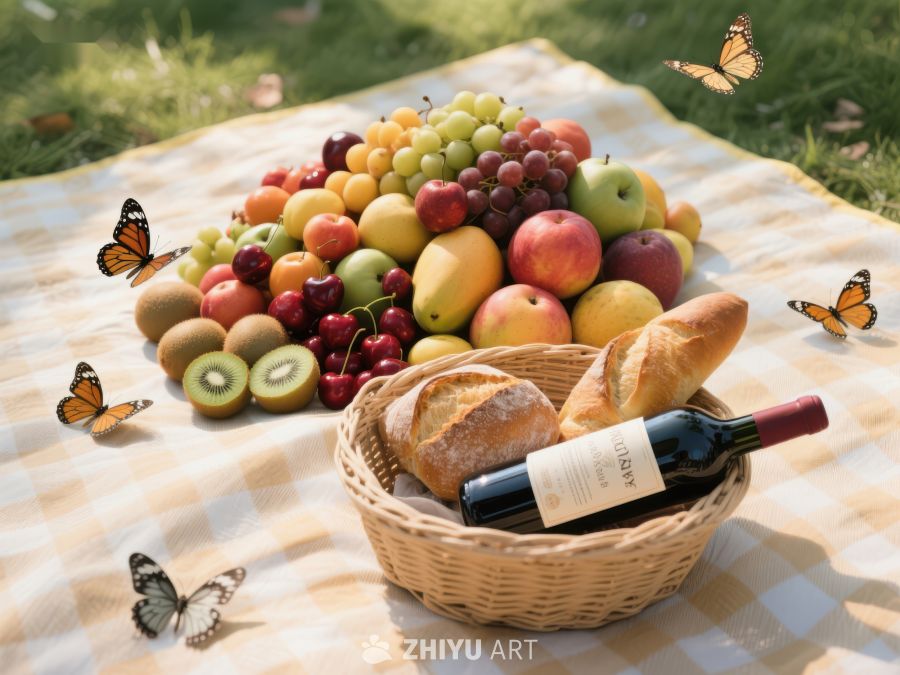 野餐篮里的面包、红酒与新鲜水果 780