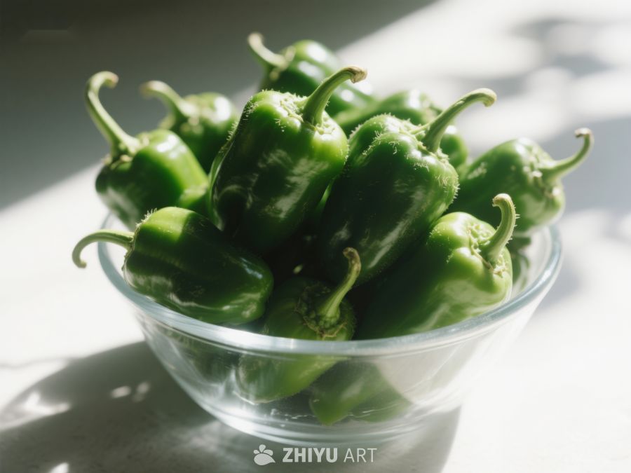 新鲜青椒堆放在透明碗中 510