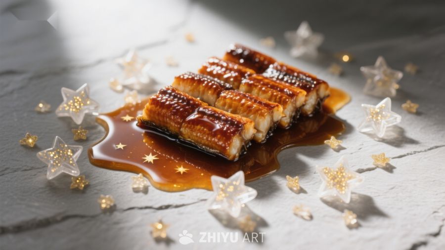 烤鳗鱼配酱汁，点缀星星装饰