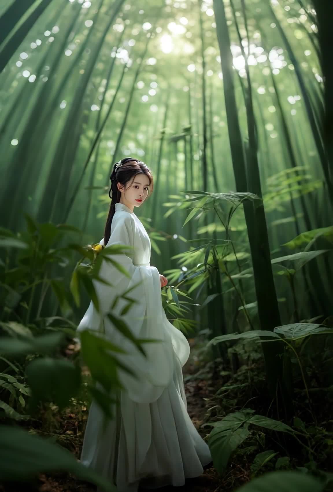 竹林古装女子侧身回望，光影交织电影质感。