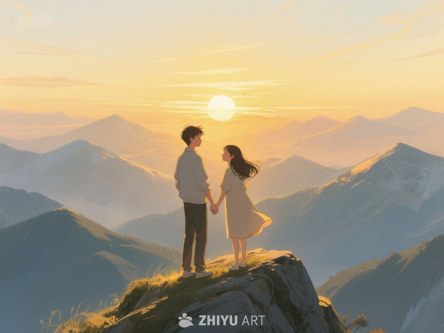 山顶情侣手牵手，共赏日落美景 634
