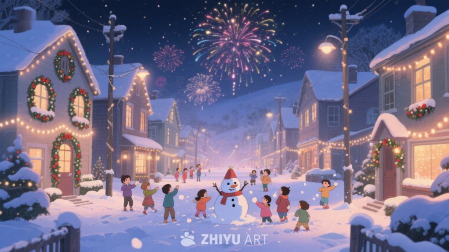冬夜雪景中的欢乐节日庆典 116