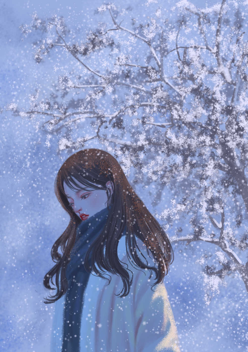 冬天户外赏雪围巾女孩插画