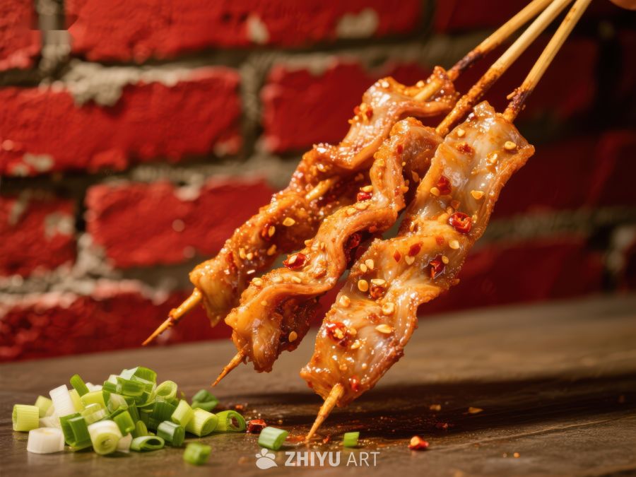 麻辣串烤肉，红砖背景下的美食