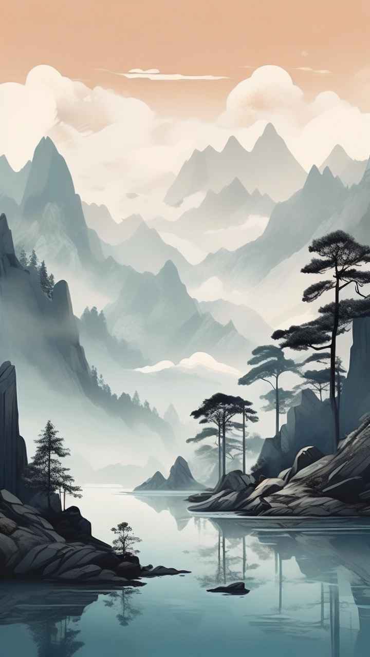 国风水彩画山水风景插画 63
