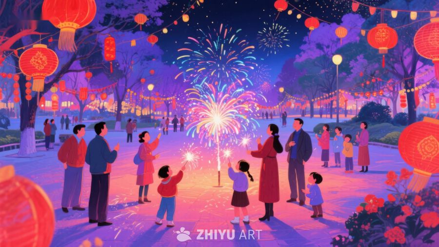 夜景烟花下的欢庆人群 1191