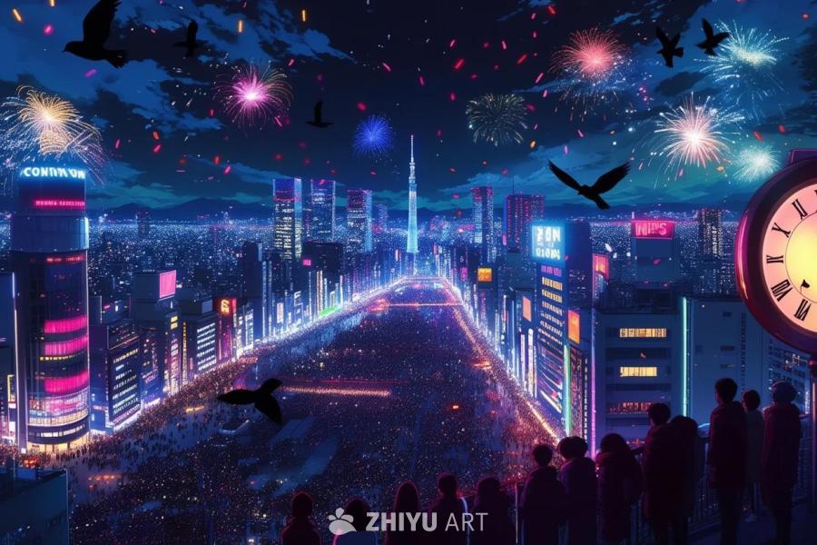 霓虹灯闪烁的城市夜景，鸟瞰视角。烟花在空中绽放，照