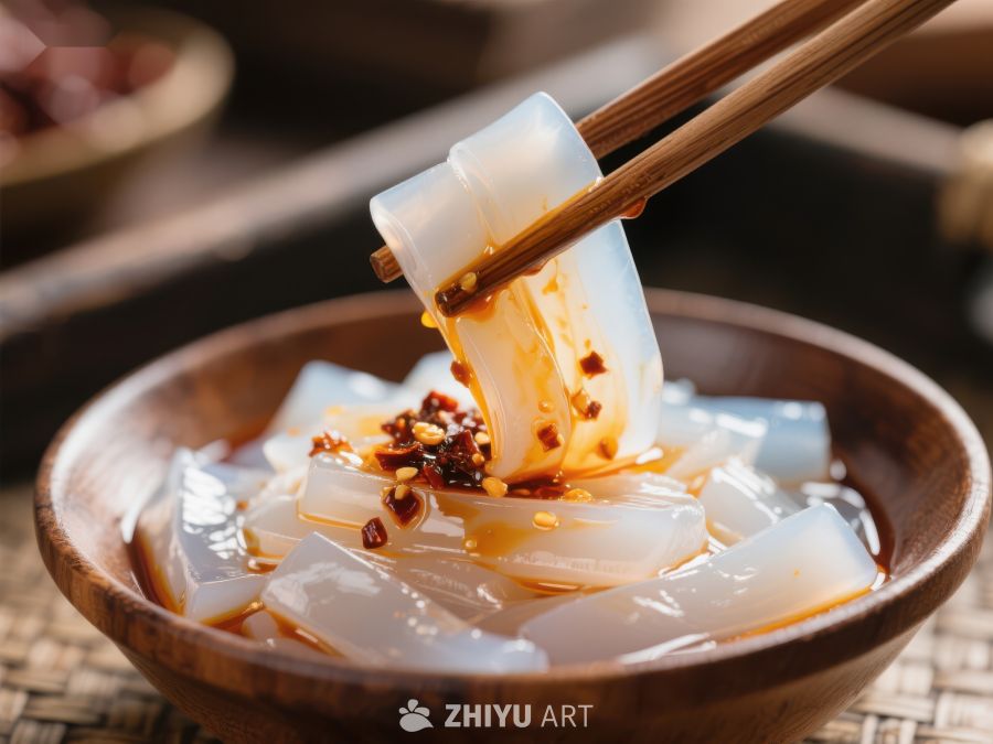 筷子夹起的凉粉，碗中淋有辣椒油 663