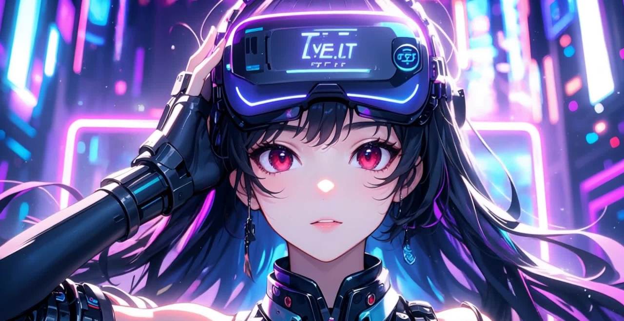 霓虹灯下VR眼镜动漫少女特写