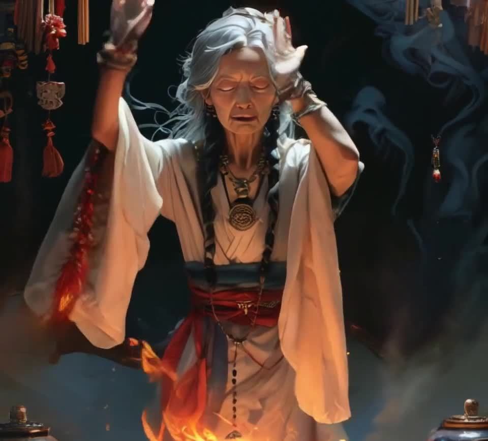 老妇人祈祷火焰仪式银发白袍红腰带