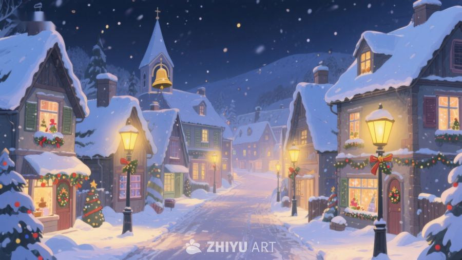 雪夜小镇的温馨圣诞景象 447