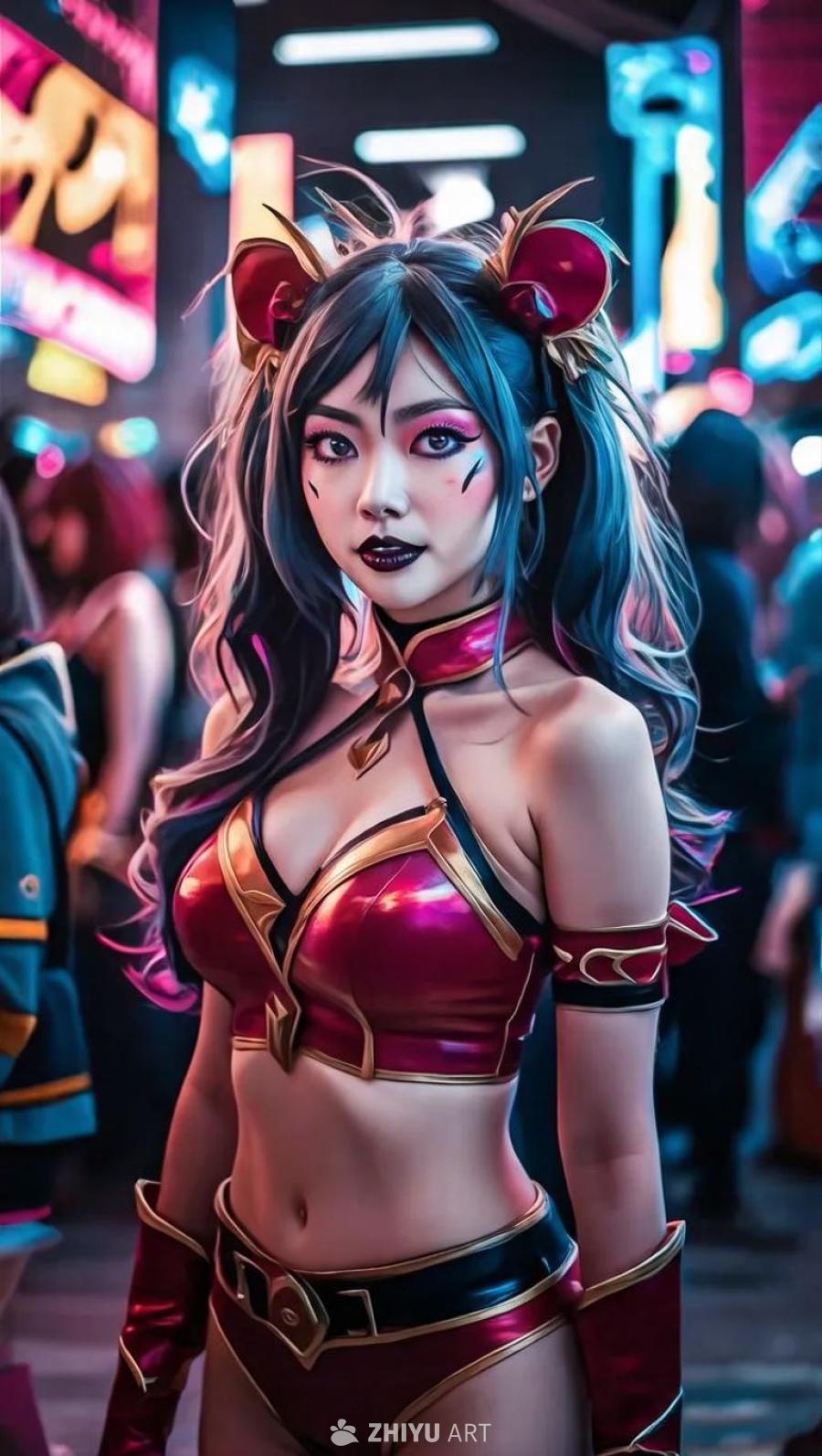 一个动漫风格的女性，身穿红色和金色相间的服装，站在