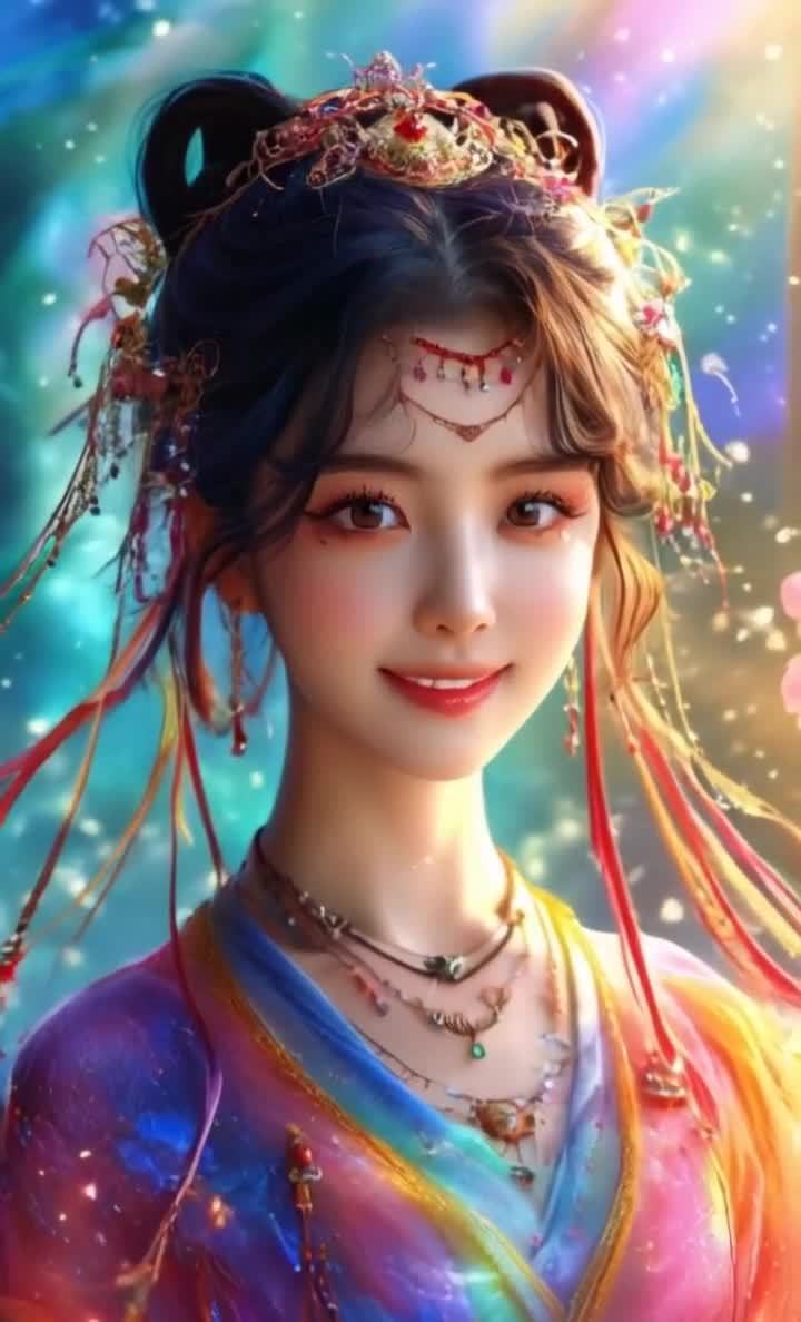 古装少女微笑凝视，桃花窗外发饰项链映佳人。