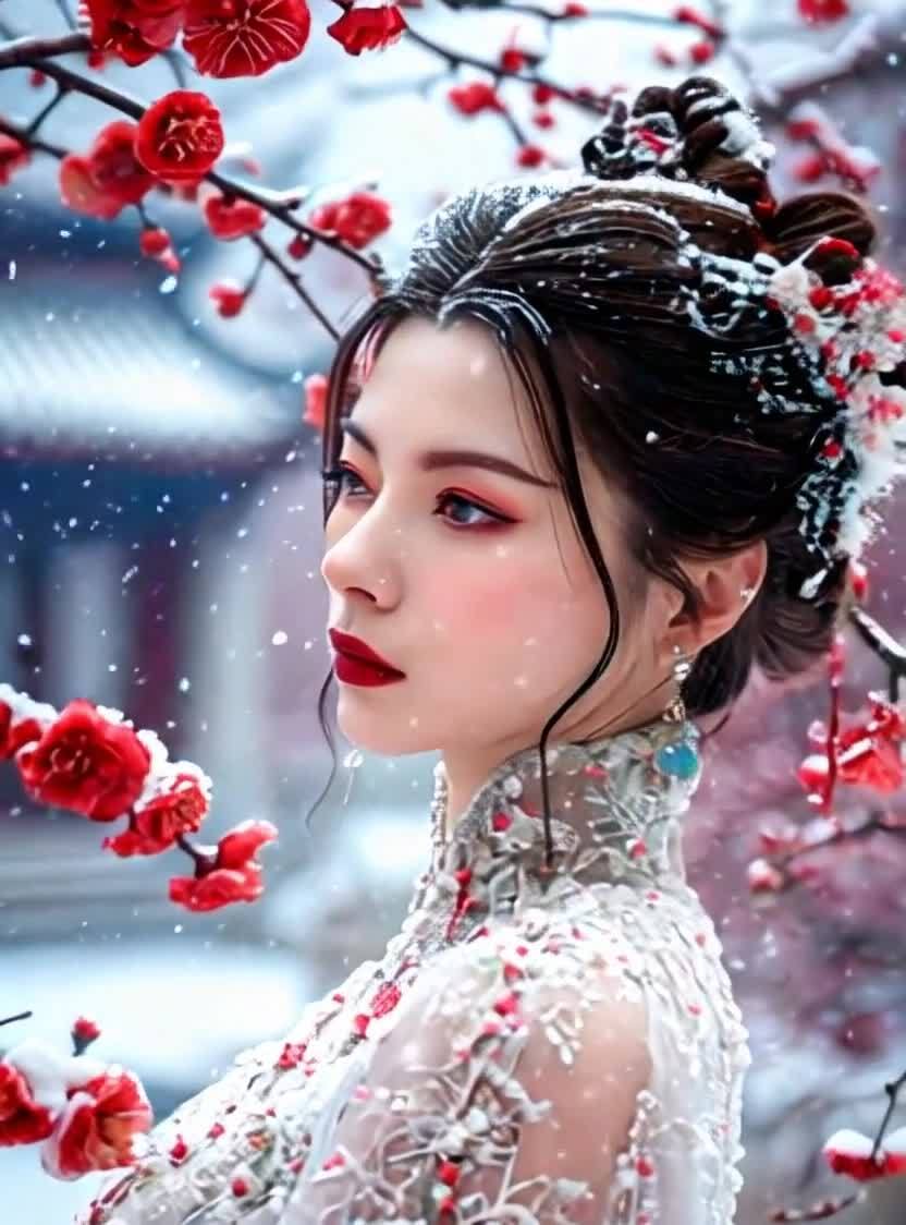 雪中红妆女子，古风红梅与雪景交融。
