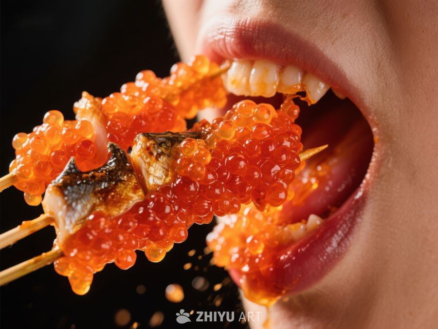 品尝鲜美鱼子酱的瞬间