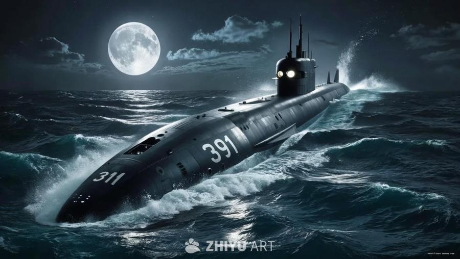夜间，一艘编号为391的核潜艇在大西洋海面下航行。