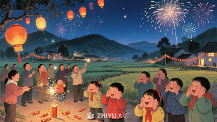乡村夜景中的烟花与灯笼 950