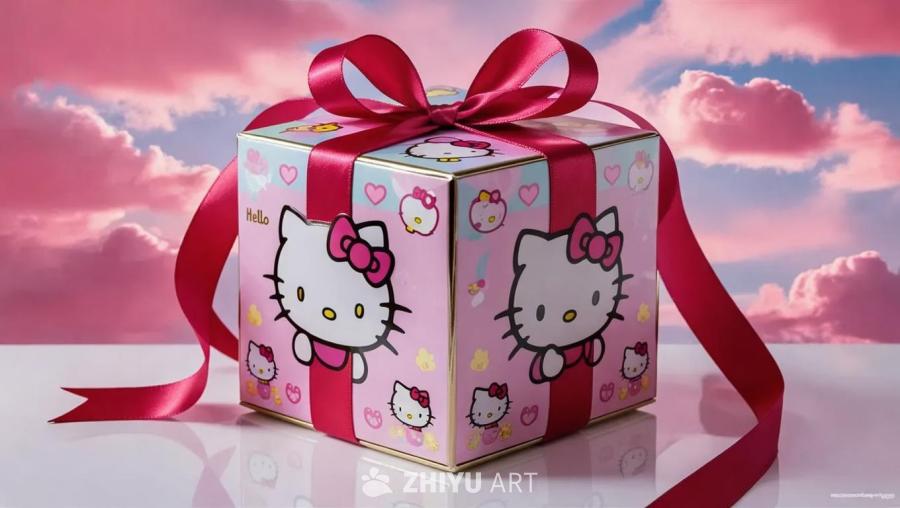 一个正方形的Hello Kitty主题礼品盒，盒子