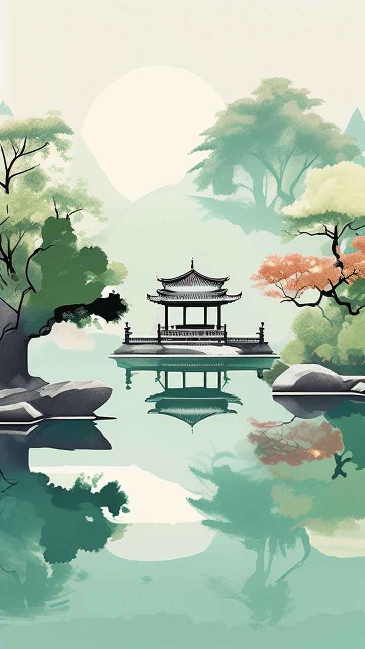 中国画园林植物水亭子插画 23