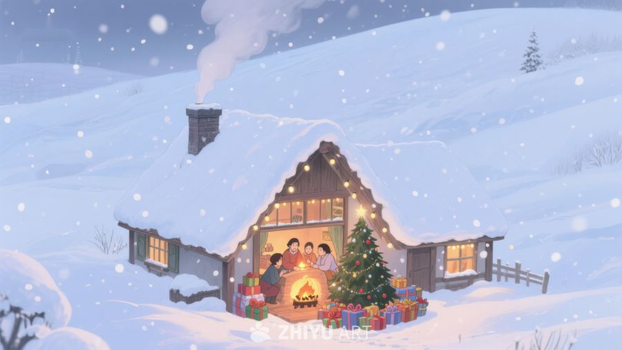雪夜温馨小屋，家人围炉共庆圣诞 396